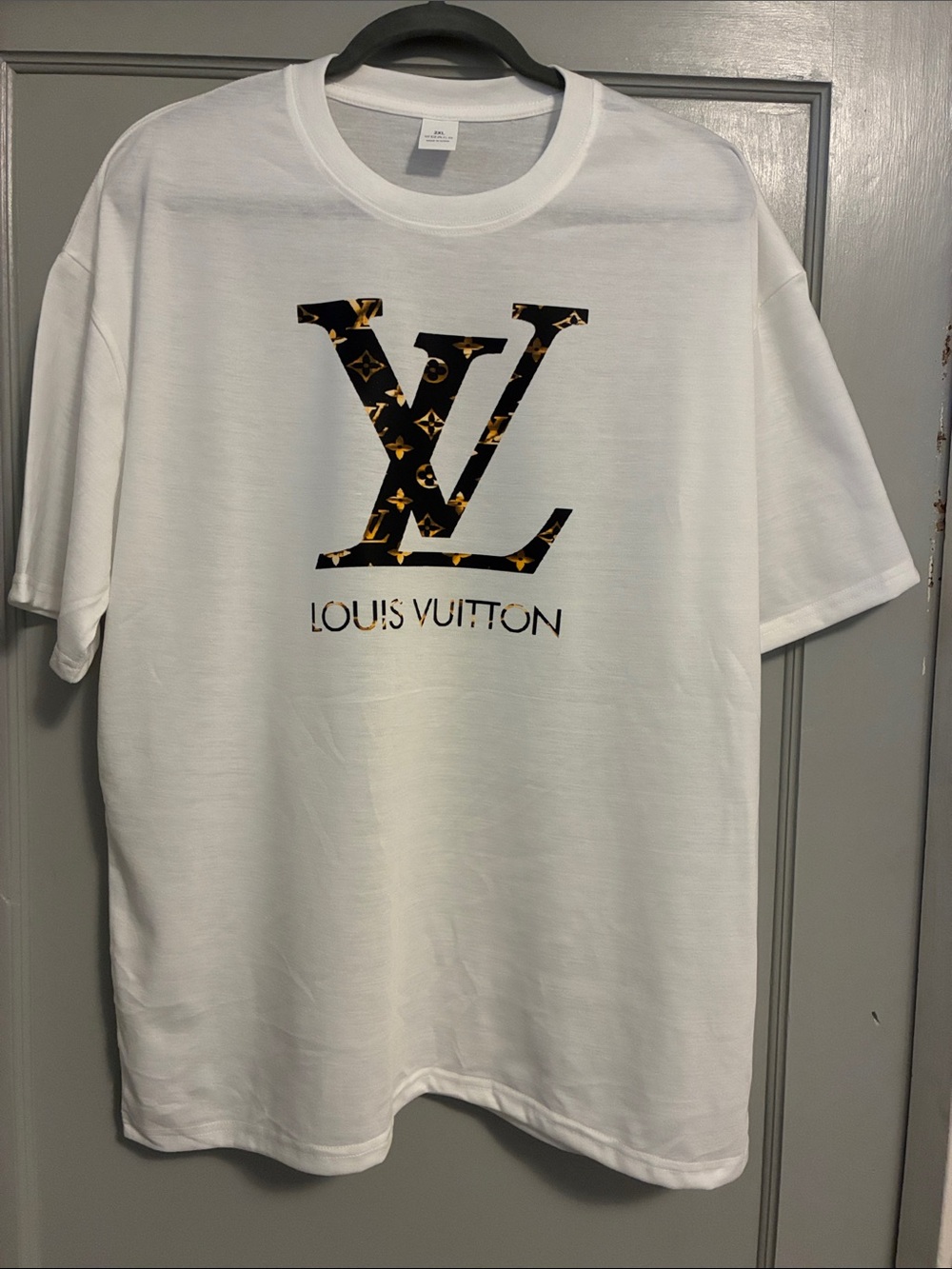 Louis Vuitton style White Tee with Black and Gold Monogram LV